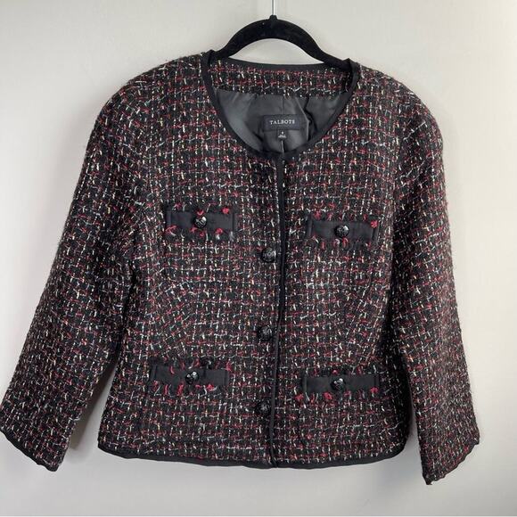 Talbots‎ tweed wool blend red black holidays button front jacket size 8 - Picture 1 of 5